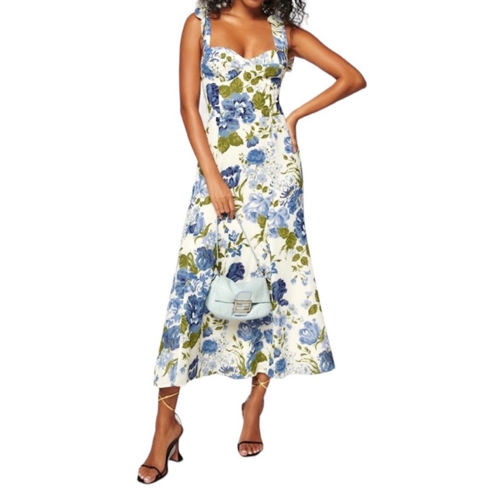 Reformation Floral Midi Dress in Blue and Green